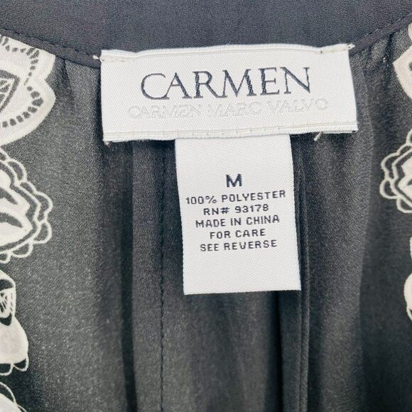 Carmen Marc Valvo Size Medium Black & White Printed V Neck Kimono Style Blouse - Picture 6 of 9